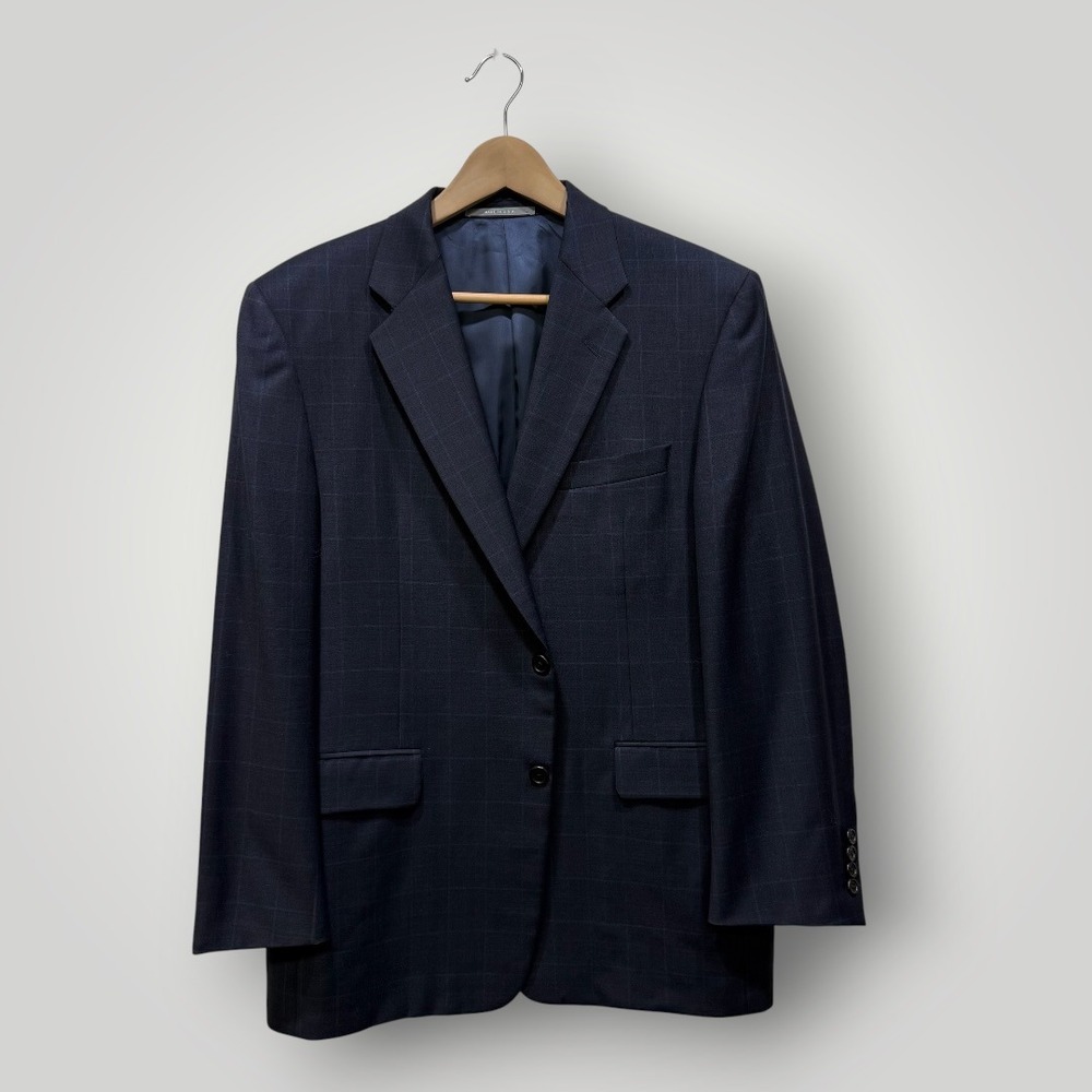 Hickey Freeman Loro Piana Super 130s Wool Blazer Navy‎ Windowpane 42S Madison